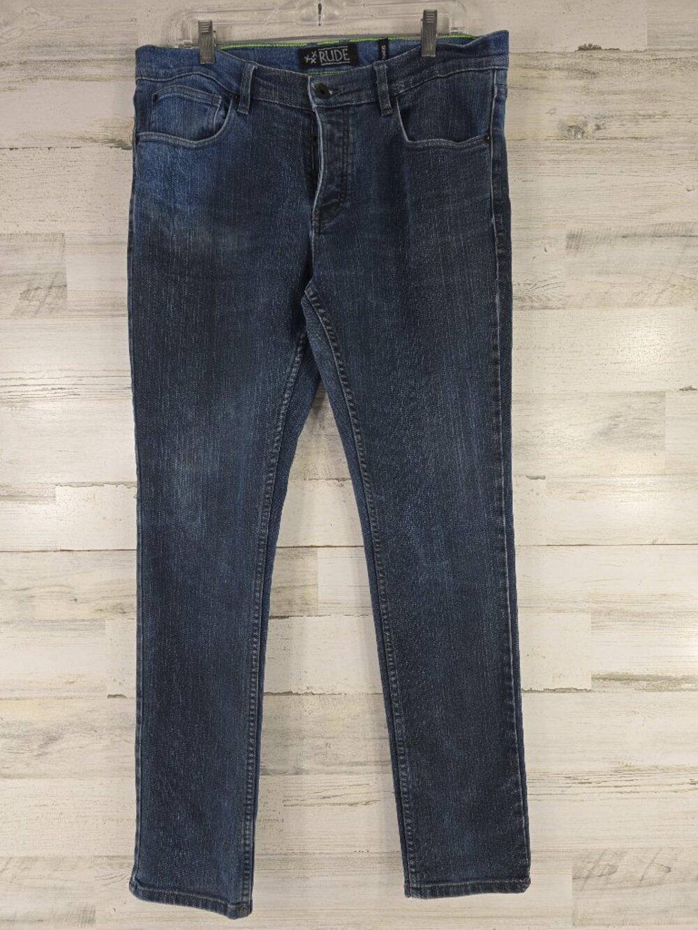 RUDE Men's Skinny Jeans SIZE 36x32 Blue Denim Button Fly COTTON BLEND STRETCH...